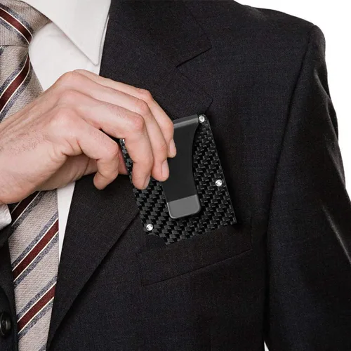 Miniatura 7 de Cartera de fibra de carbono soporte para tarjeta de crédito con bloqueo RFID clip de dinero minimalista delgado para hombres y mujeres negro