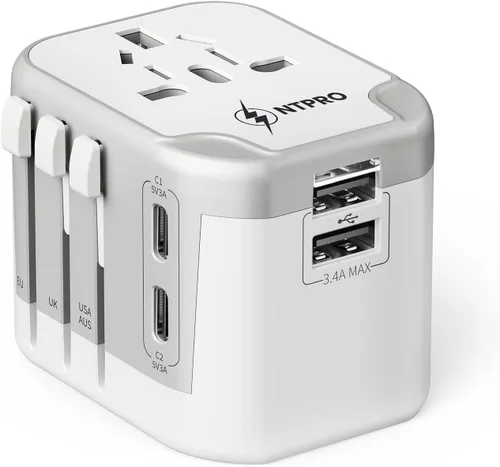 Miniatura 10 de Adaptador de viaje universal 6 en 1-10A Adaptador de corriente internacional con 3 puertos USB C, 2 puertos USB A Cargador portátil rápido