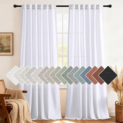 Miniatura 47 de H.VERSAILTEX Cortinas de lino natural de 63 pulgadas de largo para sala de estar, 2 paneles con trabillas traseras y bolsillo, texturizadas