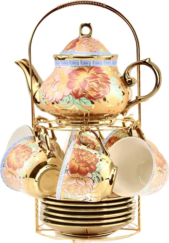 Miniatura 2 de Juego de té de porcelana de 20 piezas con soporte de metal, juego de té de cerámica europeo para adultos, juego de té de flores, juego de té