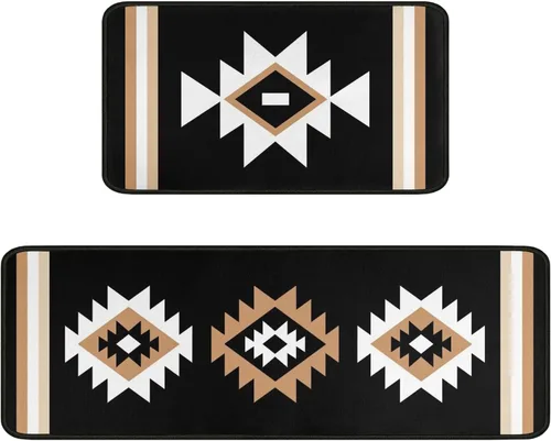 Juego de 2 tapetes de cocina estilo bohemio para cocina, diseño azteca occidental, color negro, antideslizantes, lavables, para el suelo, 2 piezas