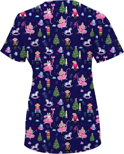 Miniatura 2 de Green Town Camiseta médica para mujer con cuello en V, estampados navideños, 3 bolsillos, uniformes de fácil cuidado