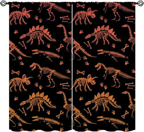 Cortinas opacas de dinosaurio para niñas y niños, decoración del hogar, camuflaje colorido esqueleto jurásico, bolsillo para barra, cortinas con