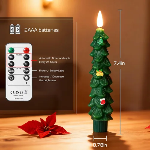 Miniatura 3 de 3 Piezas Velas de Árbol de Navidad Sin Llama con Control Remoto y Temporizador, Funcionan con Baterías con Llama Parpadeante 3D, Velas Cónicas de 7