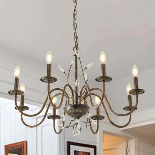 Miniatura 20 de Candelabro de casa de campo moderno, lámpara colgante rústica vintage, lámpara de araña con pantalla de vidrio craquelado, base de jaula de madera