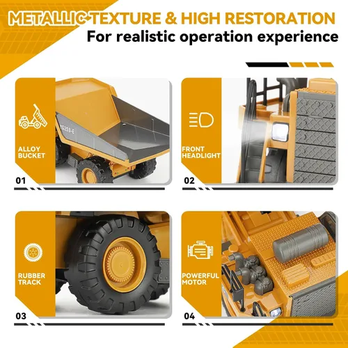 Miniatura 4 de KIZJORYA - Camión volquete con control remoto, vehículo de construcción RC para niños con cama metálica de 9 canales, luz, sonido y batería