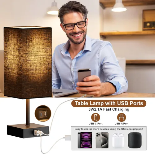 Miniatura 3 de Juego de 2 lámparas de mesa de dormitorio Sailstar, lámpara táctil con puertos de carga USB C+A, lámparas regulables de 3 vías para mesitas de Negro