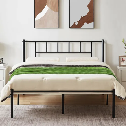 Miniatura 13 de VECELO Marco de cama de plataforma de metal completo con cabecero, soporte de listones de acero resistente, almacenamiento debajo de la cama,