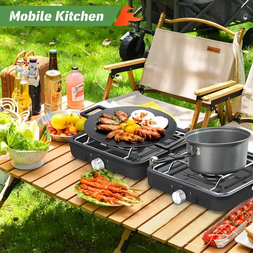 Miniatura 2 de Estufa de camping de propano de 2 quemadores con plancha y bolsa de transporte, estufa de campamento de propano portátil con 2 quemadores ajustables