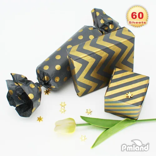 Miniatura 7 de PMLAND Papel de seda de alta calidad para envolver regalos, color negro metálico dorado con rayas zigzag, 20 x 14 pulgadas, 60 hojas
