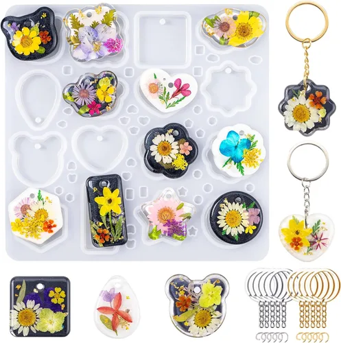 LET'S RESIN Moldes de resina para llavero de silicona con agujero, 16 cavidades de resina UV, molde colgante de joyería para principiantes, moldes