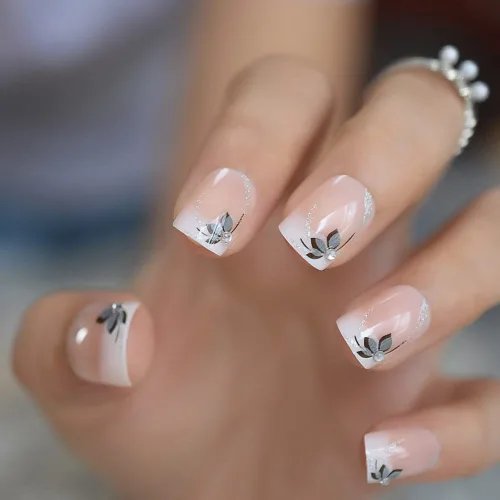 Coolnail Uñas acrílicas clásicas a presión con flores cortas, uñas cuadradas de diseño natural, uñas postizas con purpurina para uso diario en la