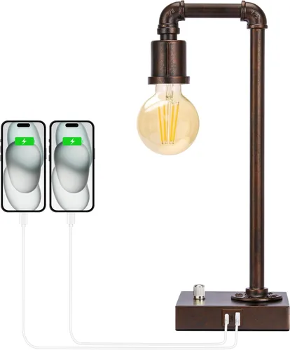 Miniatura 8 de Lámpara de mesa industrial para dormitorio, lámpara de noche completamente regulable con puertos USB C+A, lámpara vintage con diseño de tubo