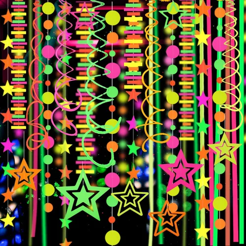 Miniatura 16 de Serpentinas de guirnalda de papel de neón redondas UV de 115 pies, decoraciones de luz negra para suministros de fiestas que brillan y decoraciones