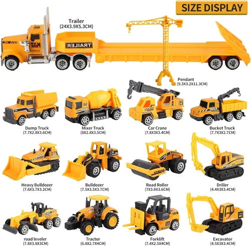 Miniatura 4 de Oriate 28 piezas de juguetes de construcción para niños, 12 piezas de juguetes de vehículos de construcción en miniatura con remolque de transporte