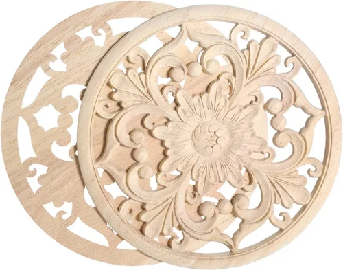 Miniatura 3 de MUXSAM Apliques decorativos de madera, 1 pieza redonda de madera, calcomanías talladas sin pintar, decoración central para el hogar, armario, camas
