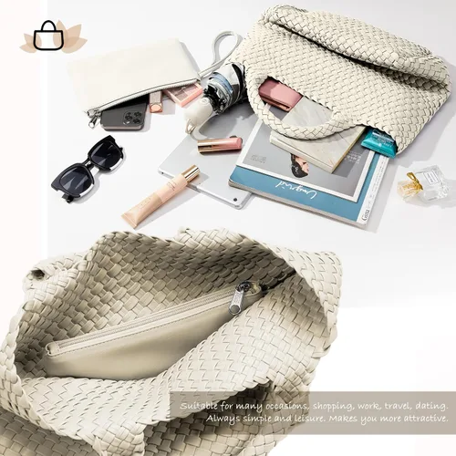 Miniatura 5 de KALIDI Bolso de playa de mano de paja Bolso de hombro a rayas cosido PU mango de cuero Zippe Viaje Compras Picnic