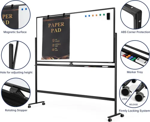 Miniatura 3 de TSJ-OFFICE - Pizarra blanca rodante de vidrio transparente sobre ruedas, pizarra móvil de borrado en seco de 48 x 32 pulgadas con soporte, pizarra