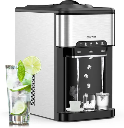 COSTWAY Dispensador de agua con máquina de hielo, capacidad para botella de 3 a 5 galones, máquina enfriadora de agua fría caliente de carga