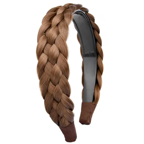Miniatura 23 de Ancho de 1.5 cm Banda de pelo sintético trenzada estrecha con dientes para mujeres y niñas (Negro)