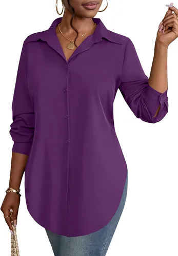 Miniatura 13 de Rooscier Blusa larga con cuello en V para mujer, manga larga, abertura lateral, con botones