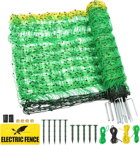 TMEE Red eléctrica para valla de ganado para cabra con 14 postes de doble pincho, malla portátil para ovejas, ciervos, cerdos, perros en patios