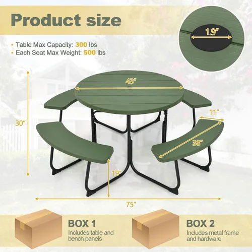 Miniatura 3 de Mesa de picnic Tangkula para 8 personas, mesa redonda para exteriores con 4 bancos incorporados, agujero para sombrilla, marco de metal y superficie