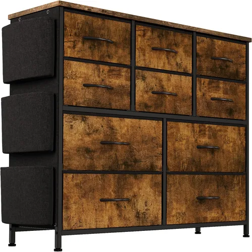Miniatura 9 de Jojoka Cómoda para dormitorio, cajón de almacenamiento de tela con 10 cajones, aparadores y cómoda con bolsillos laterales, ganchos, mesa de madera