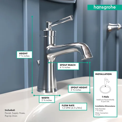 Miniatura 4 de hansgrohe 4771000 Joleena Grifo de un solo orificio de 1.2 GPM con drenaje emergente, 7.75 pulgadas de alto, cromado