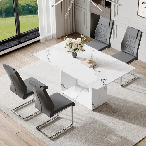 Miniatura 22 de Conjunto de mesa de comedor MUUOKY para 4, mesa de cocina de 63'' y sillas para 4, conjunto de mesa gris y 4 sillas modernas, adecuado para comedor