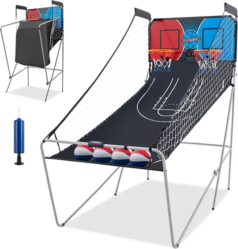 Miniatura 10 de Goplus Juego de Arcade de Baloncesto Plegable de Doble Tiro, Juego de Aro de Baloncesto con Puntuación Electrónica, 8 Modos de Juego, 4 Pelotas
