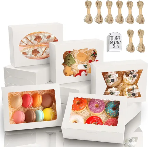 KPOSIYA 65 PCS Cajas para Galletas de 8x6x2.5 Pulgadas con Ventana, Cajas Blancas de Panadería, Cajas de Repostería para Regalar, Golosinas, Blanco