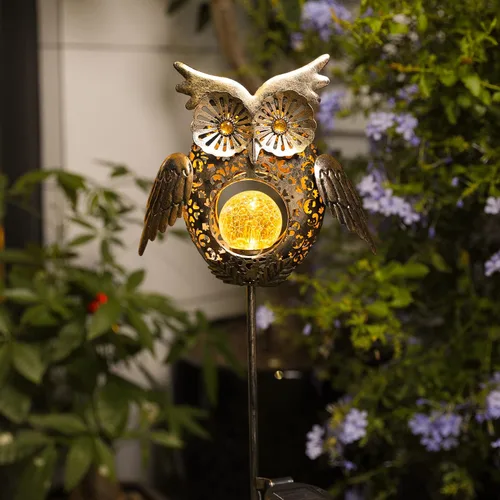 Miniatura 5 de Go2garden - Luces solares para exteriores, estacas metálicas decorativas con diseño de búho, pez, tortuga, luces de cristal craquelado para césped