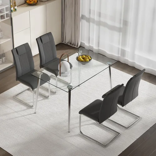 Miniatura 18 de Juego de mesa de comedor en blanco y negro de 51 pulgadas para 4, mesa de cristal minimalista moderna y 4 sillas tapizadas de piel sintética
