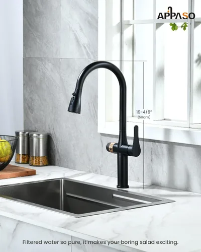 Miniatura 9 de APPASO Grifo de cocina negro con filtro de agua, mangueras certificadas por cUPC, grifos de fregadero de 3 vías con rociador extraíble, 3 modos