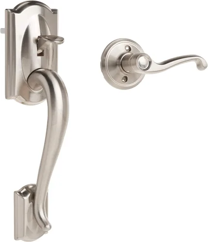 Schlage FE285 CAM 619 FLA CAM LH - Juego de manijas para puerta de entrada con manija Flair y tirador exterior con agarre por la parte de abajo, con