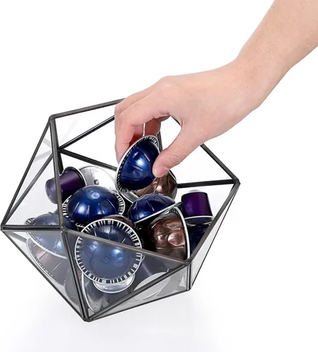 Miniatura 7 de ELLDOO Soporte para cápsulas de café de vidrio negro, caja geométrica de 15 caras, organizador de cápsulas de café para taza K expreso, bolsas
