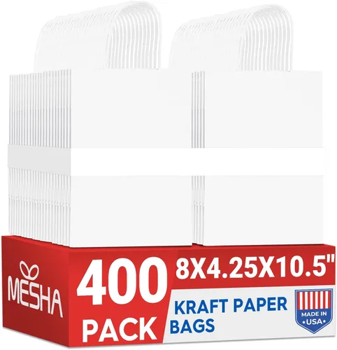 Miniatura 12 de Bolsas de papel blanco MESHA con asas 10x5x13 pulgadas, paquete de 50, grandes bolsas de regalo de papel kraft con asas a granel para pequeñas
