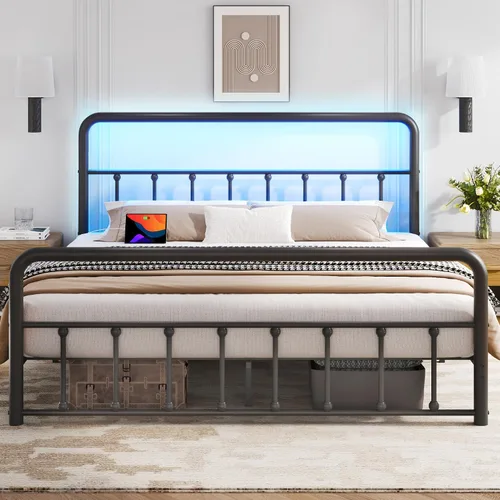 Fluest Base de cama Queen con cabecero, estación de carga y luces LED, plataforma de metal con soporte de listones de acero, no necesita somier,