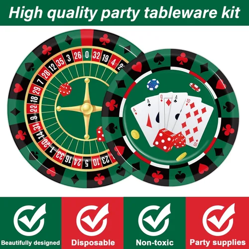 Miniatura 3 de Juego vajilla 96 piezas para fiesta con temática de casino, decoraciones fiesta cumpleaños Las Vegas, platos de papel de postre, servilletas