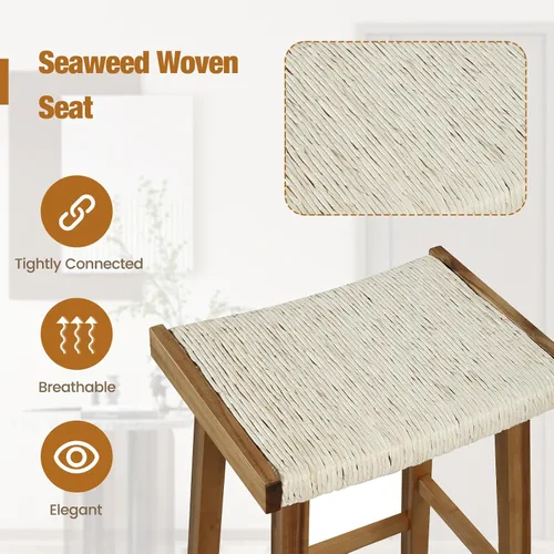 Miniatura 5 de COSTWAY Juego de 2 taburetes de comedor de 25.5 pulgadas de altura de mostrador con asiento tejido de algas marinas, madera de goma, marco de madera