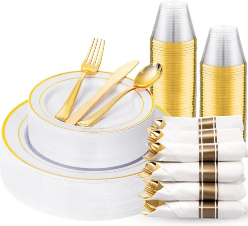 Miniatura 10 de 350 piezas de platos de plástico negro y dorado con cubiertos desechables, incluye 50 platos de cena de 9 pulgadas, 50 platos de postre de 6.3