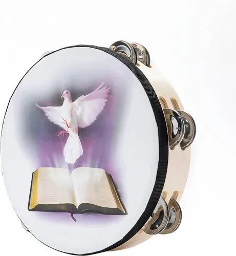 Miniatura 2 de Musfunny Pandereta de Cascabeles Dove Bible de Doble Fila de 8 Pulgadas para Adultos, Pandereta de Campana de Mano Tambor de Palmadas para Oración