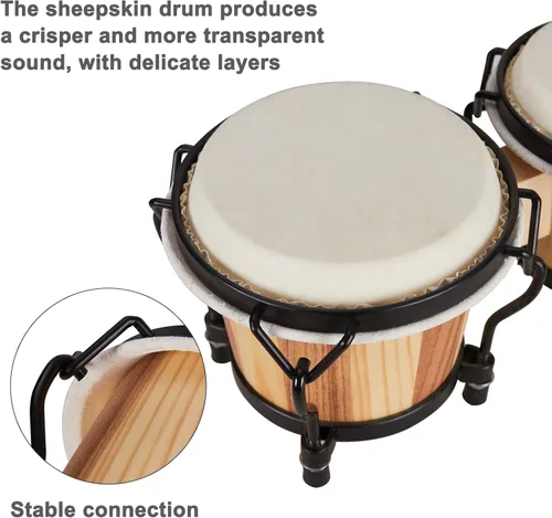 Miniatura 2 de Juego de Bongós MUSICUBE 4” y 5” para adultos, niños, principiantes y profesionales, tambor de madera y metal con llave de afinación Madera y metal