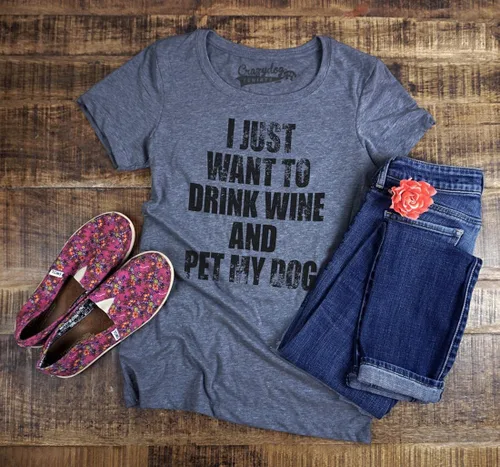 Miniatura 3 de Camiseta para mujer con texto en inglés "I Just Want to Drink Wine and Pet My Dog", divertida camiseta para amantes del cachorro, Vino