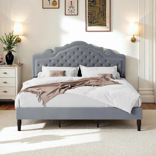 Miniatura 10 de WEEWAY Base de cama de plataforma de tamaño matrimonial con tiara ajustable de terciopelo, cabecero curvado y alta resistencia, botón tapizado