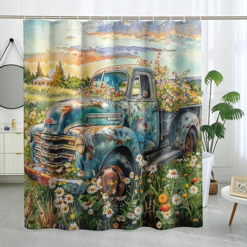 Miniatura 12 de Juego de baño estilo granja de 3 piezas con cortina de ducha y alfombras, cortina de ducha de 72'' y dos alfombras de baño antideslizantes lavables