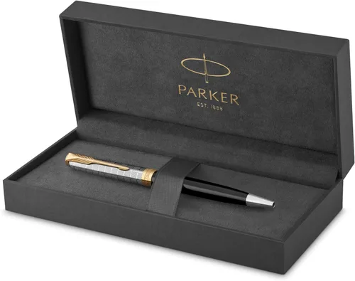 PARKER Sonnet - Bolígrafo de metal de alta calidad y acabado negro brillante con borde dorado, punta media con recarga de tinta negra, caja de regalo