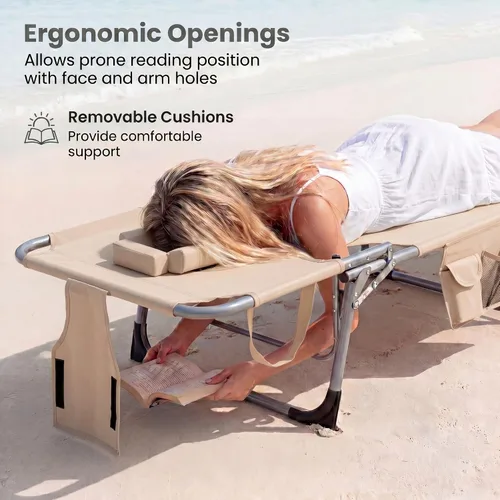 Miniatura 7 de Goplus Silla bronceadora, silla de playa plegable con agujero para cara y brazo, posición ajustable, almohada extraíble, bolsillo lateral, silla
