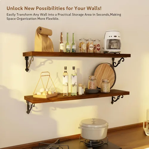 Miniatura 4 de Estantes flotantes de madera maciza para pared con soportes de metal, estante de pared de madera de pino de 2 niveles de 36 pulgadas, adecuado